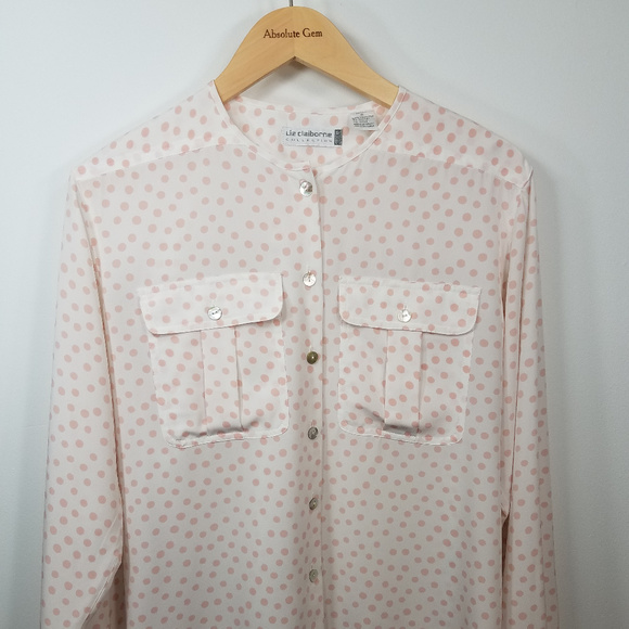 Vintage Liz Claiborne Collection pink white button up Polka Dot Top blouse 6P - Picture 1 of 8
